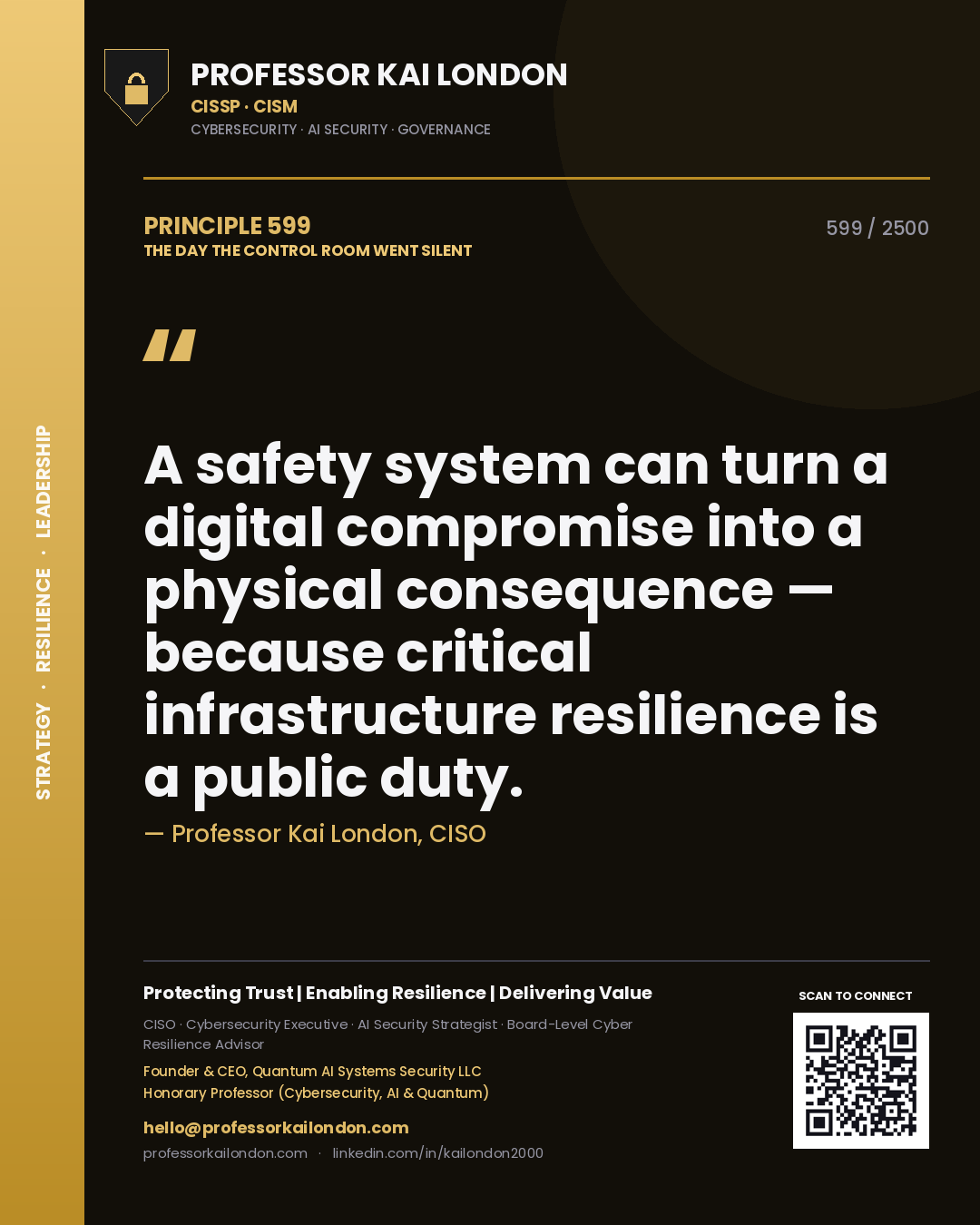 Quote card by Professor Kai London reading 'A safety system can turn a digital compromise into a physical consequence — because critical infrastructure resilience is a public duty.'. From the book The Day the Control Room Went Silent.