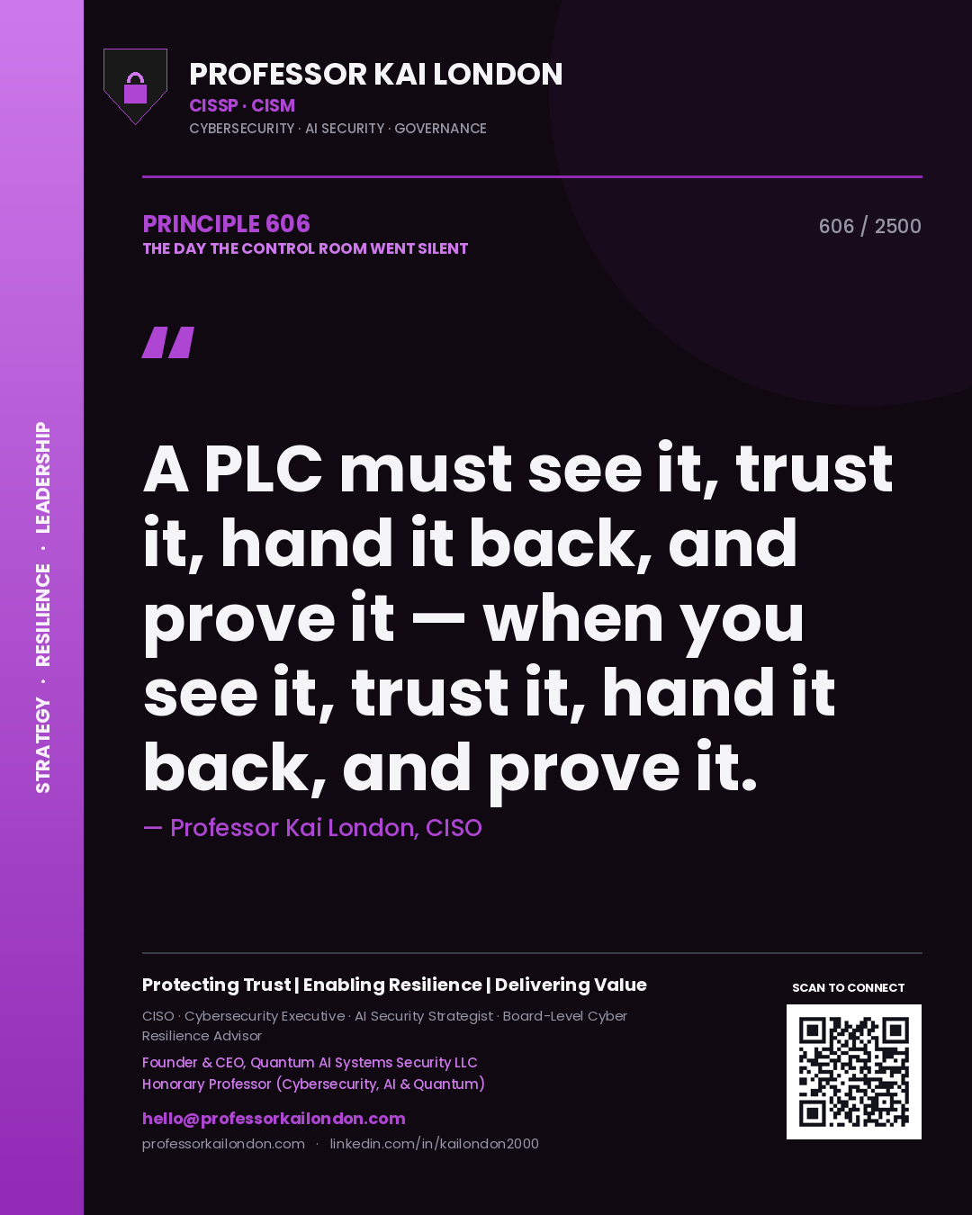 Quote card by Professor Kai London reading 'A PLC must see it, trust it, hand it back, and prove it — when you see it, trust it, hand it back, and prove it.'. From the book The Day the Control Room Went Silent.