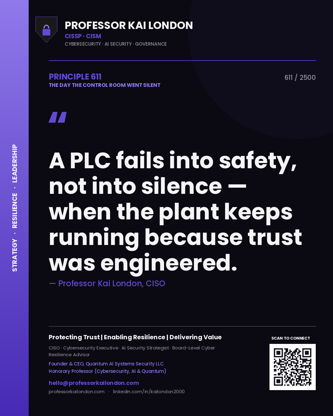 Quote card by Professor Kai London reading 'A PLC fails into safety, not into silence — when the plant keeps running because trust was engineered.'. From the book The Day the Control Room Went Silent.