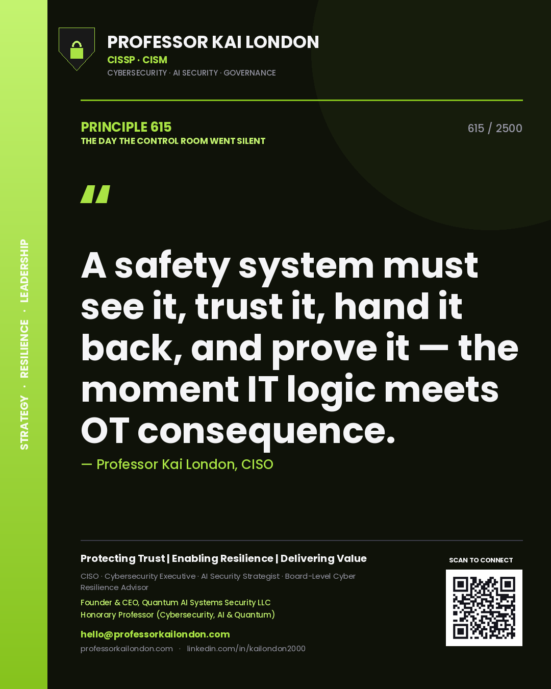 Quote card by Professor Kai London reading 'A safety system must see it, trust it, hand it back, and prove it — the moment IT logic meets OT consequence.'. From the book The Day the Control Room Went Silent.