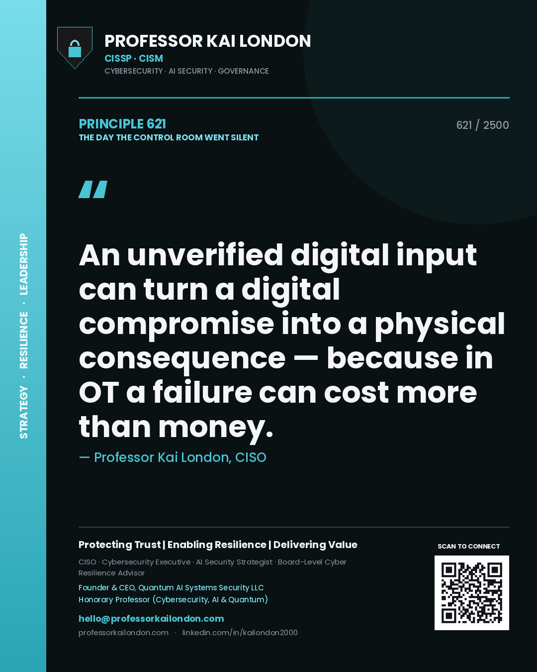 Quote card by Professor Kai London reading 'An unverified digital input can turn a digital compromise into a physical consequence — because in OT a failure can cost more than money.'. From the book The Day the Control Room Went Silent.