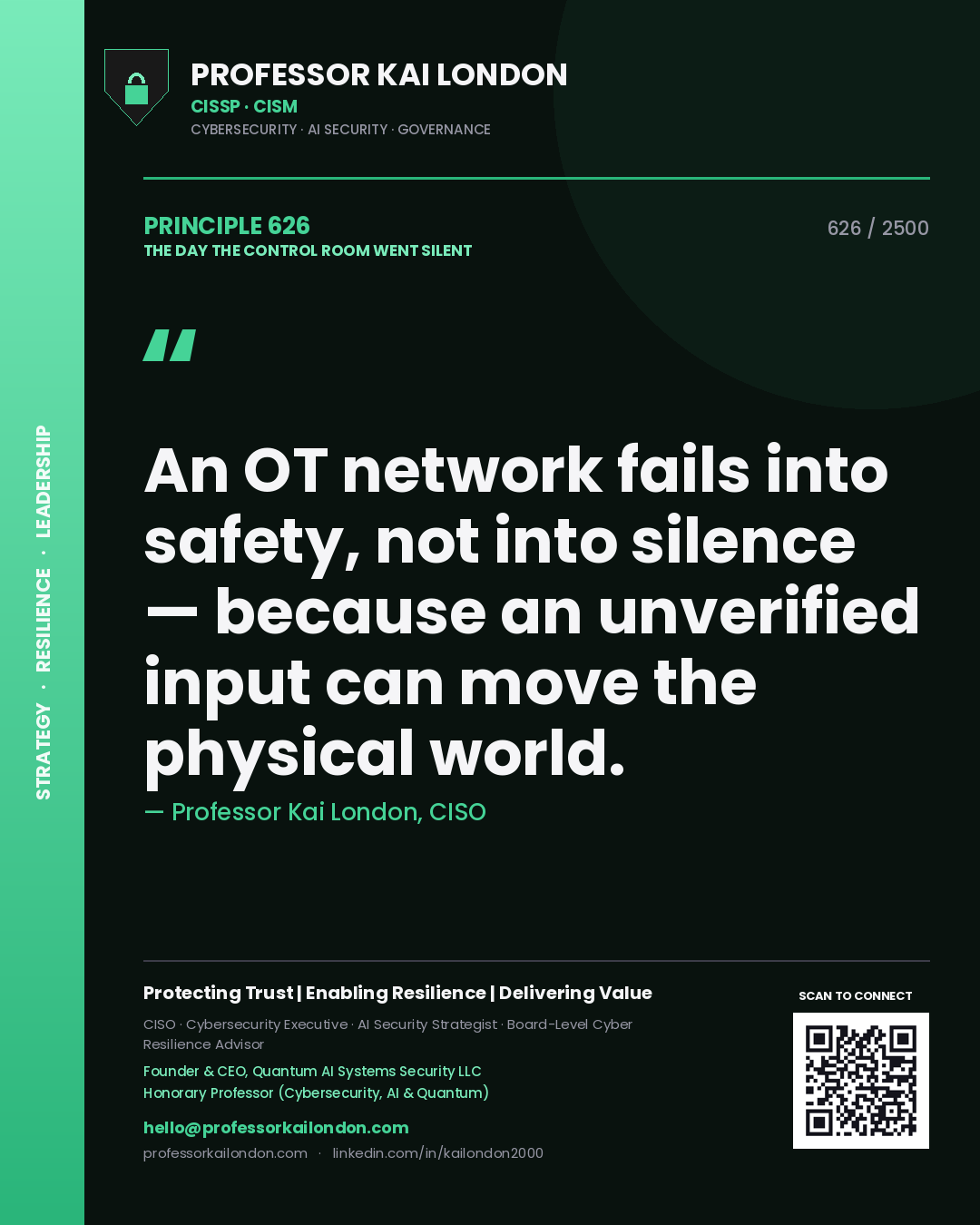 Quote card by Professor Kai London reading 'An OT network fails into safety, not into silence — because an unverified input can move the physical world.'. From the book The Day the Control Room Went Silent.