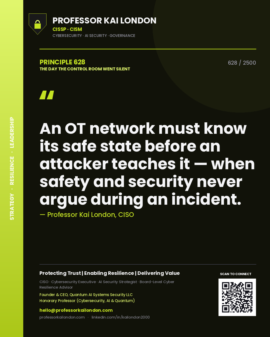Professor Kai London principle 628: An OT network must know its safe state before an attacker teaches it — when safety and security never argue during an incident.
