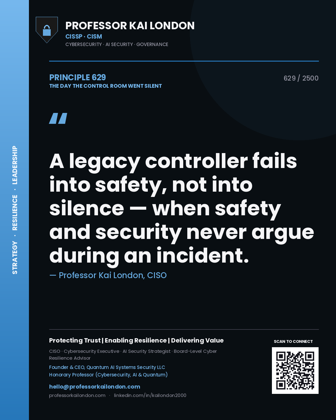 Quote card by Professor Kai London reading 'A legacy controller fails into safety, not into silence — when safety and security never argue during an incident.'. From the book The Day the Control Room Went Silent.