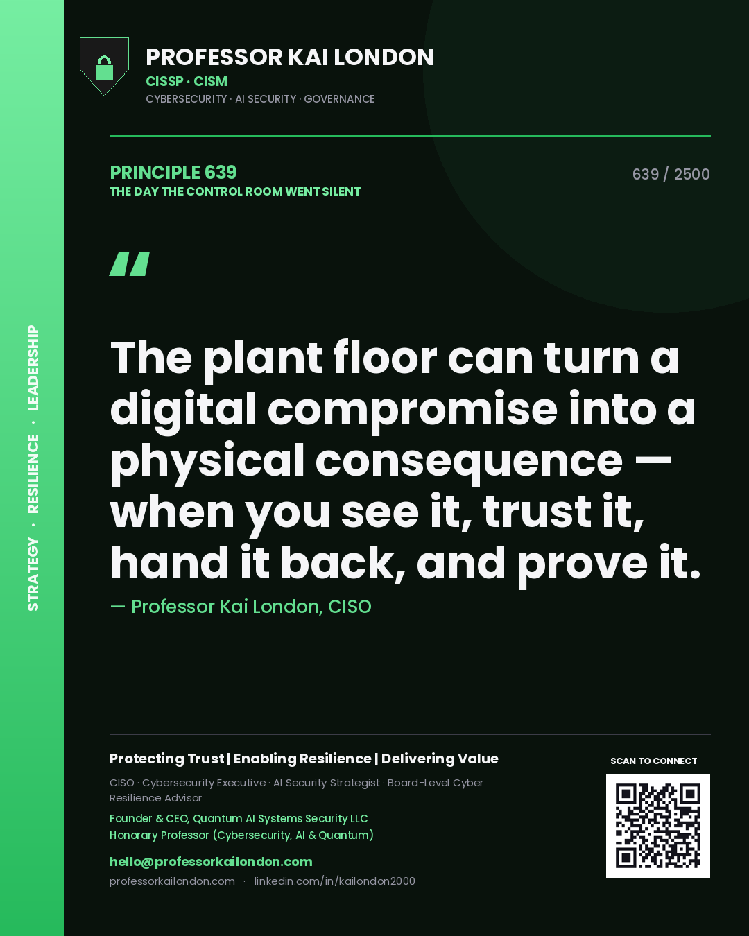 Quote card by Professor Kai London reading 'The plant floor can turn a digital compromise into a physical consequence — when you see it, trust it, hand it back, and prove it.'. From the book The Day the Control Room Went Silent.