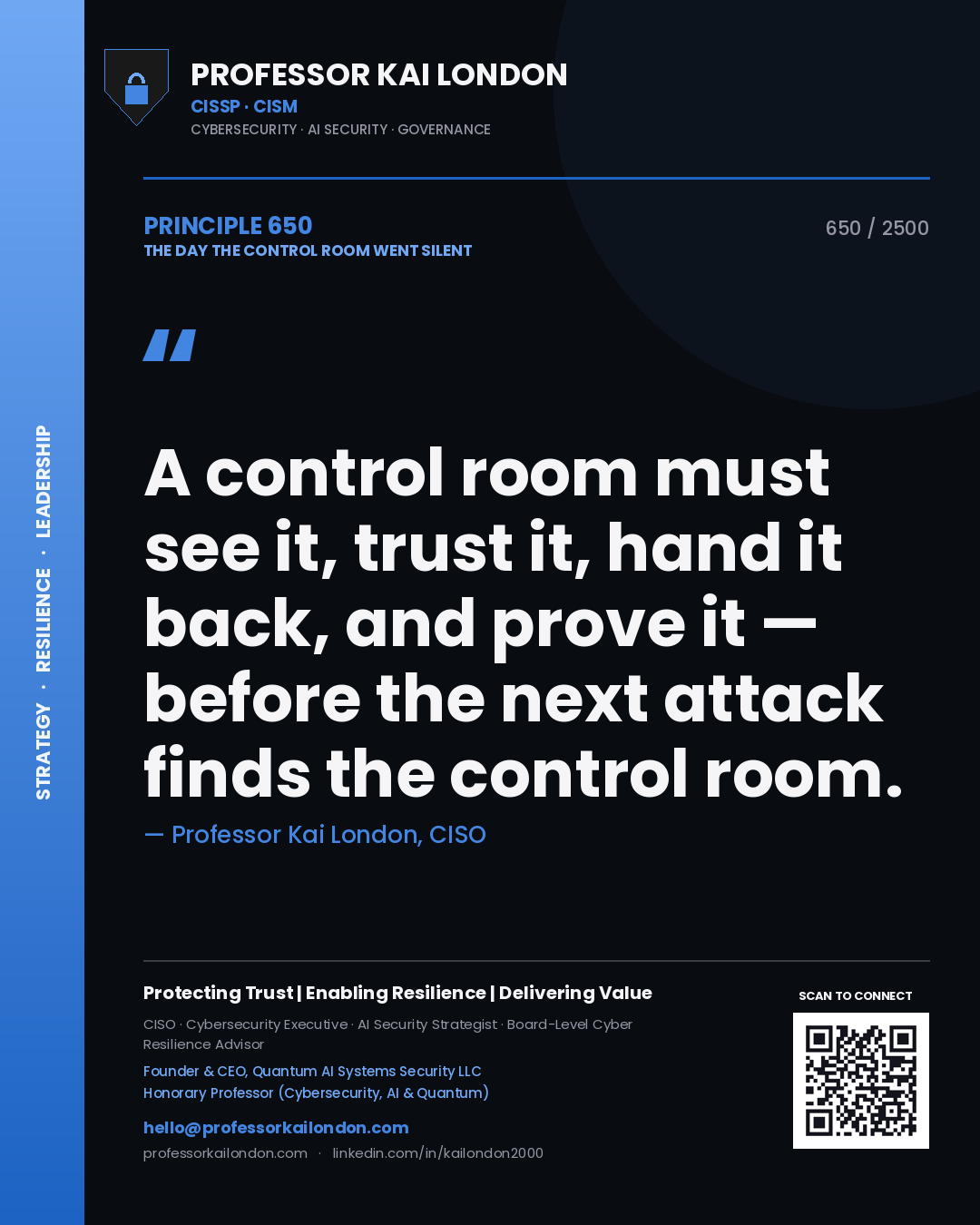 Quote card by Professor Kai London reading 'A control room must see it, trust it, hand it back, and prove it — before the next attack finds the control room.'. From the book The Day the Control Room Went Silent.