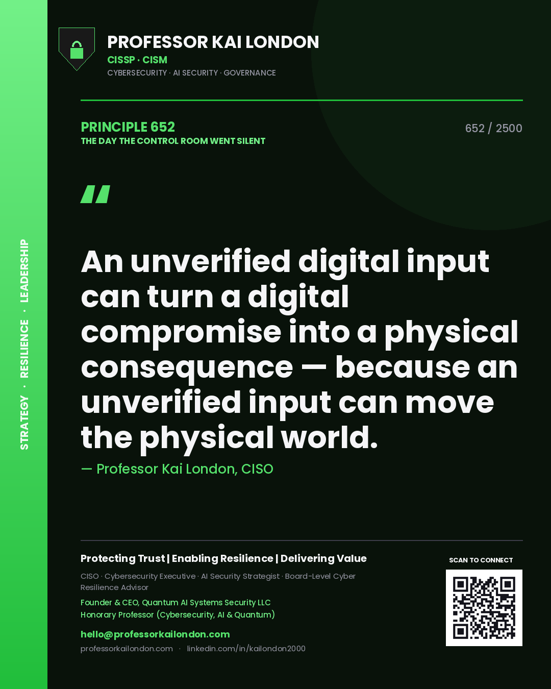 Quote card by Professor Kai London reading 'An unverified digital input can turn a digital compromise into a physical consequence — because an unverified input can move the physical world.'. From the book The Day the Control Room Went Silent.