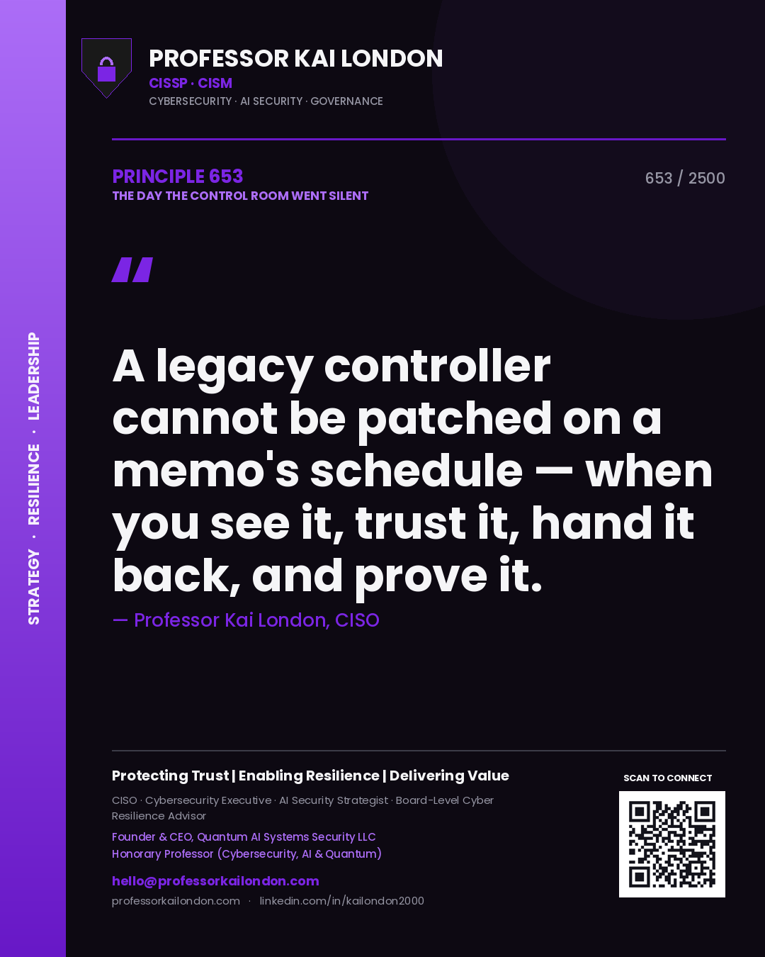 Quote card by Professor Kai London reading 'A legacy controller cannot be patched on a memo's schedule — when you see it, trust it, hand it back, and prove it.'. From the book The Day the Control Room Went Silent.
