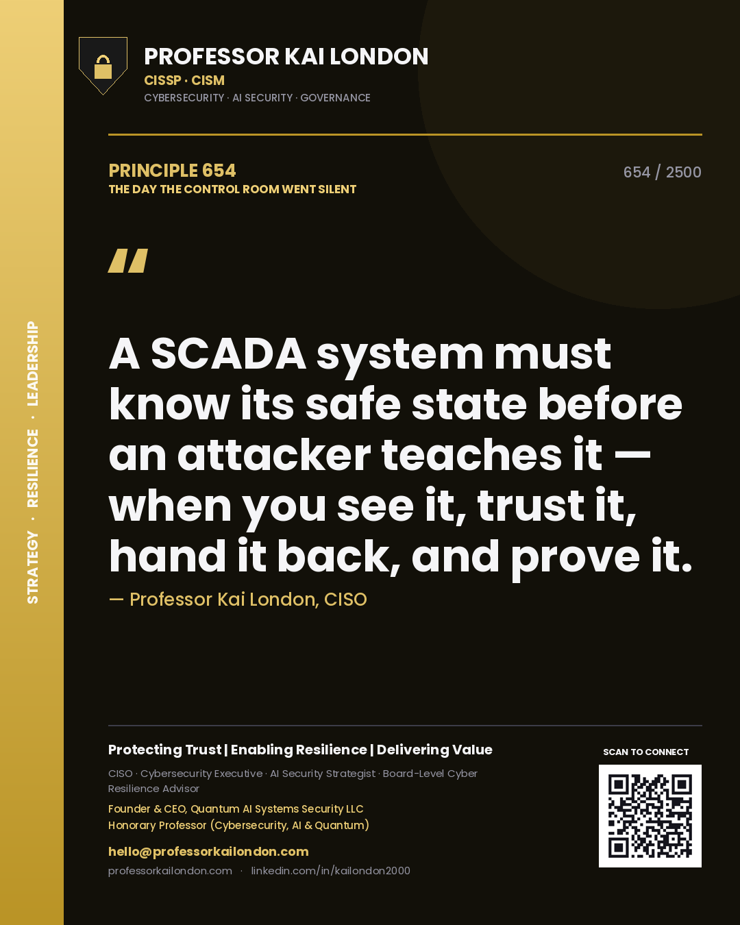 Quote card by Professor Kai London reading 'A SCADA system must know its safe state before an attacker teaches it — when you see it, trust it, hand it back, and prove it.'. From the book The Day the Control Room Went Silent.