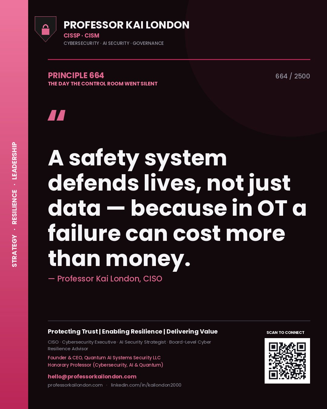 Quote card by Professor Kai London reading 'A safety system defends lives, not just data — because in OT a failure can cost more than money.'. From the book The Day the Control Room Went Silent.