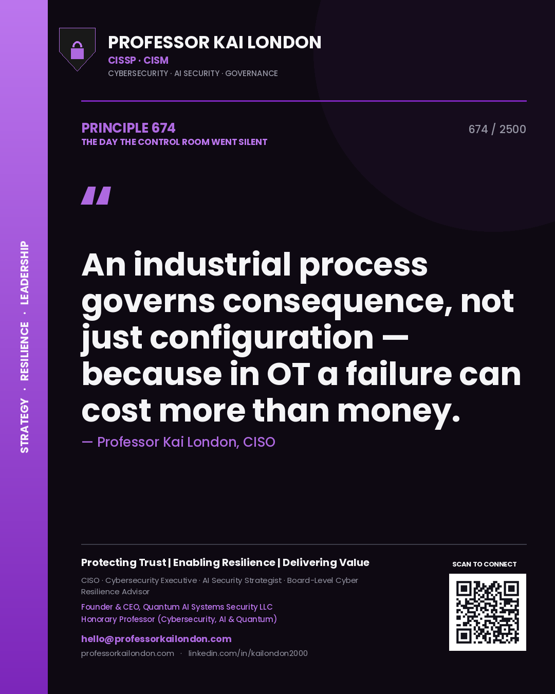 Quote card by Professor Kai London reading 'An industrial process governs consequence, not just configuration — because in OT a failure can cost more than money.'. From the book The Day the Control Room Went Silent.