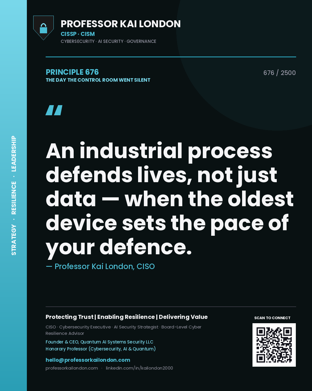 Quote card by Professor Kai London reading 'An industrial process defends lives, not just data — when the oldest device sets the pace of your defence.'. From the book The Day the Control Room Went Silent.