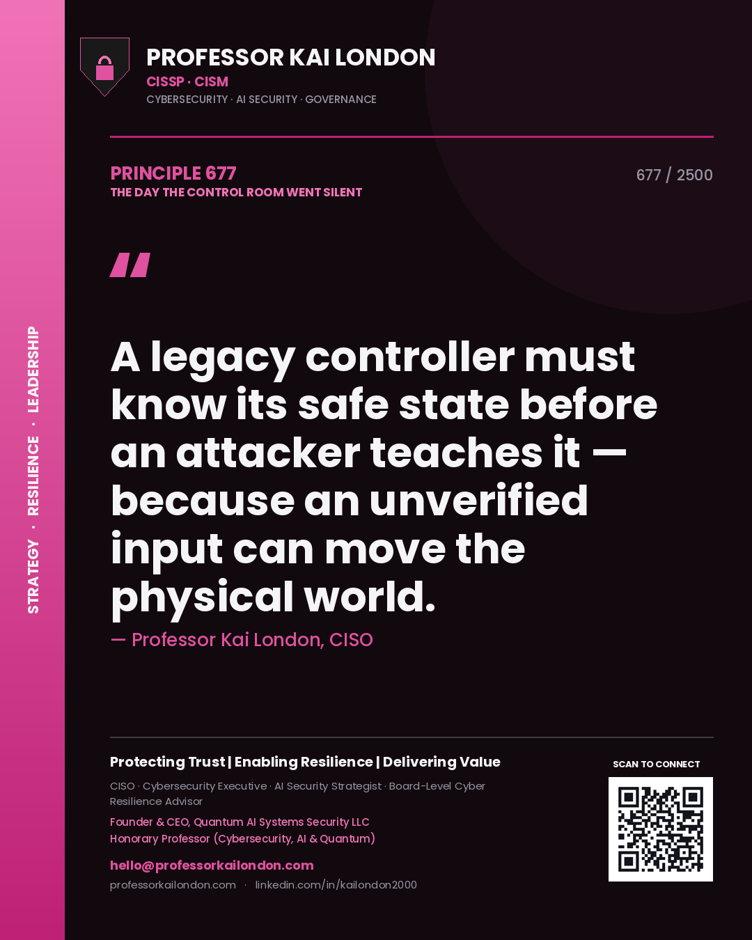 Professor Kai London principle 677: A legacy controller must know its safe state before an attacker teaches it — because an unverified input can move the physical world.