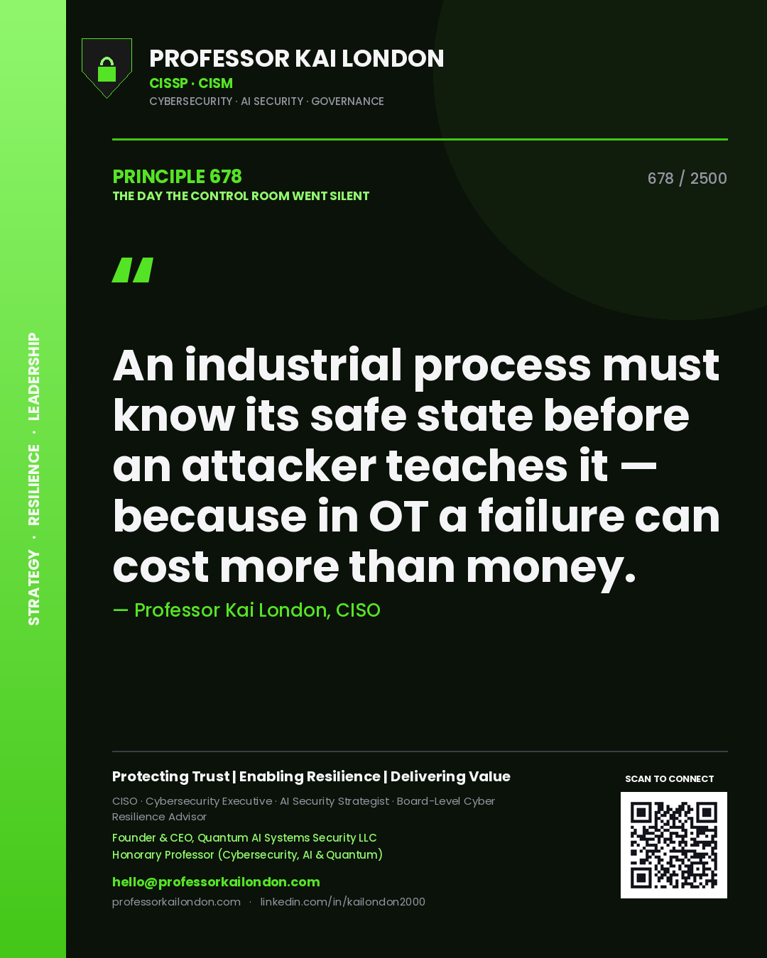 Quote card by Professor Kai London reading 'An industrial process must know its safe state before an attacker teaches it — because in OT a failure can cost more than money.'. From the book The Day the Control Room Went Silent.