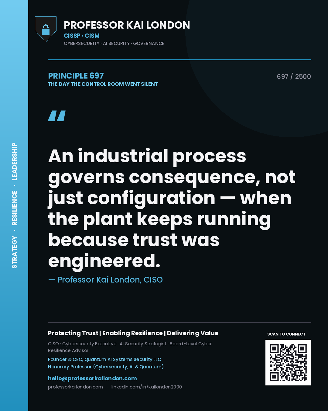 Quote card by Professor Kai London reading 'An industrial process governs consequence, not just configuration — when the plant keeps running because trust was engineered.'. From the book The Day the Control Room Went Silent.