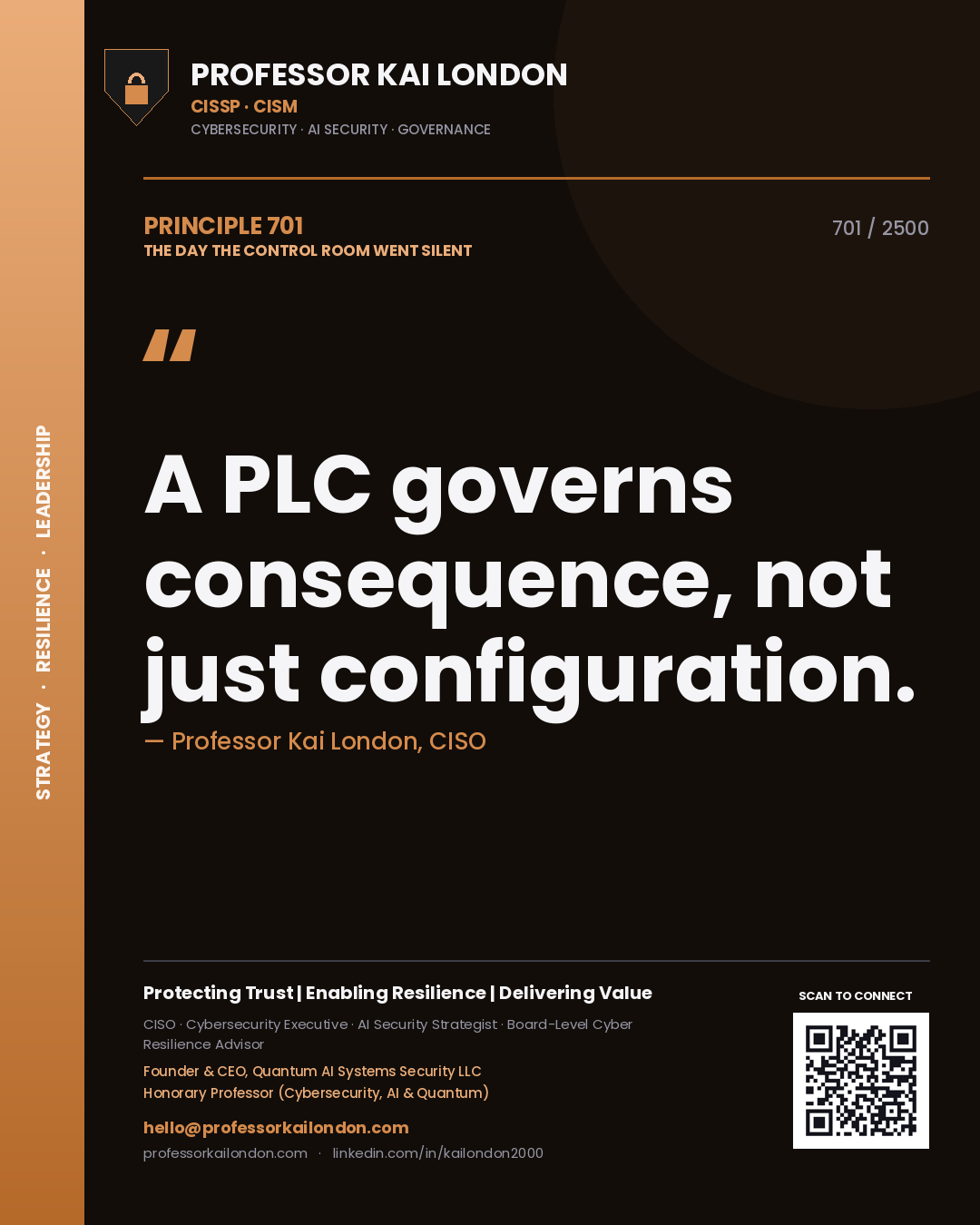 Professor Kai London principle 701: A PLC governs consequence, not just configuration.