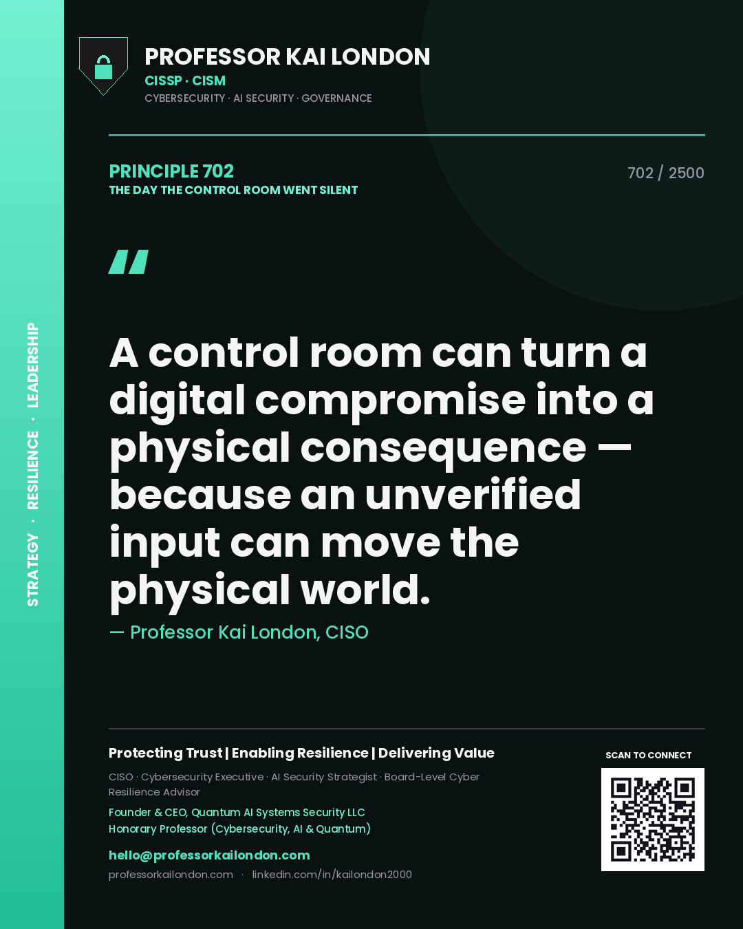 Quote card by Professor Kai London reading 'A control room can turn a digital compromise into a physical consequence — because an unverified input can move the physical world.'. From the book The Day the Control Room Went Silent.