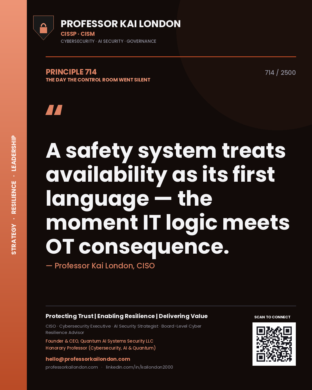Professor Kai London principle 714: A safety system treats availability as its first language — the moment IT logic meets OT consequence.