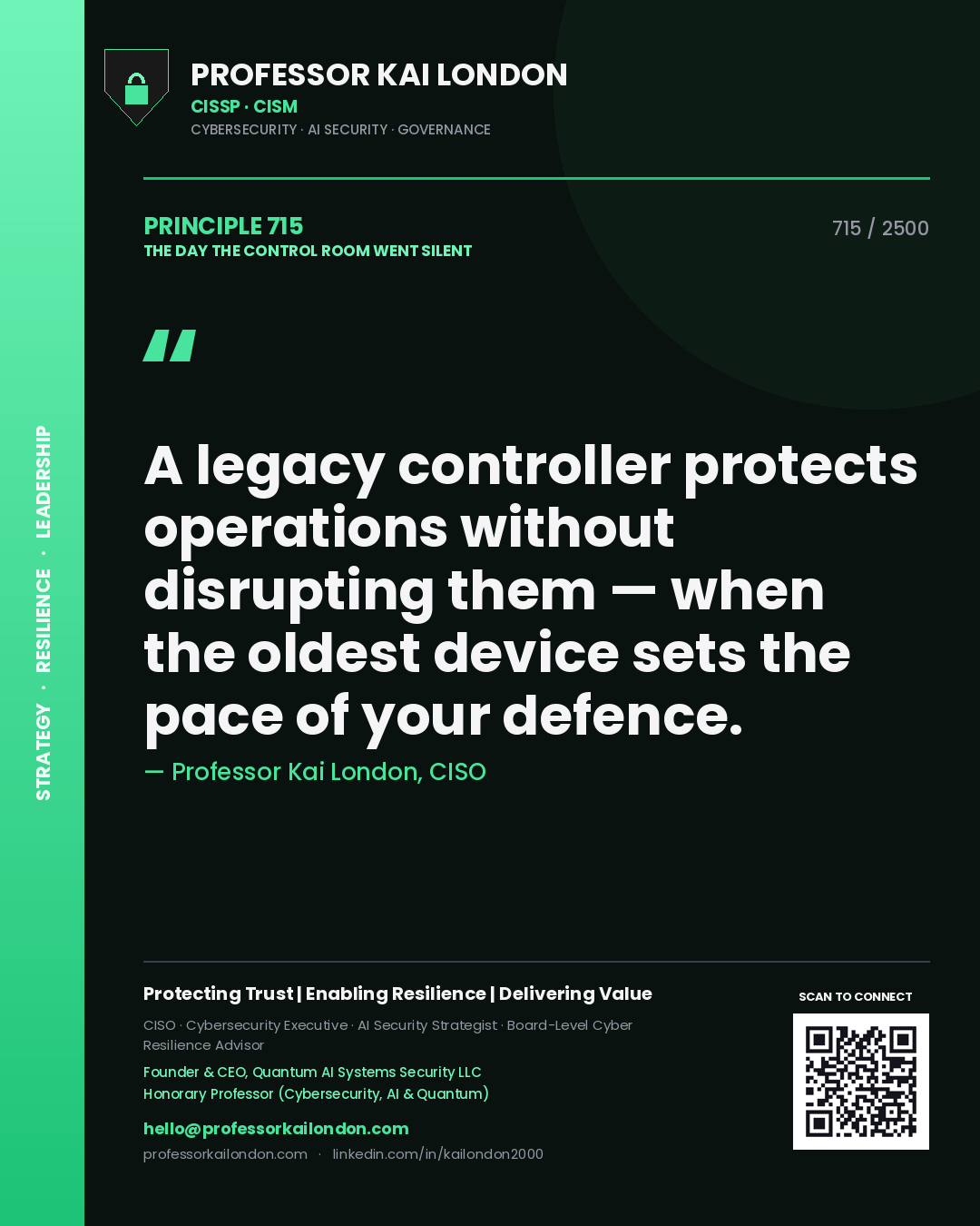 Quote card by Professor Kai London reading 'A legacy controller protects operations without disrupting them — when the oldest device sets the pace of your defence.'. From the book The Day the Control Room Went Silent.