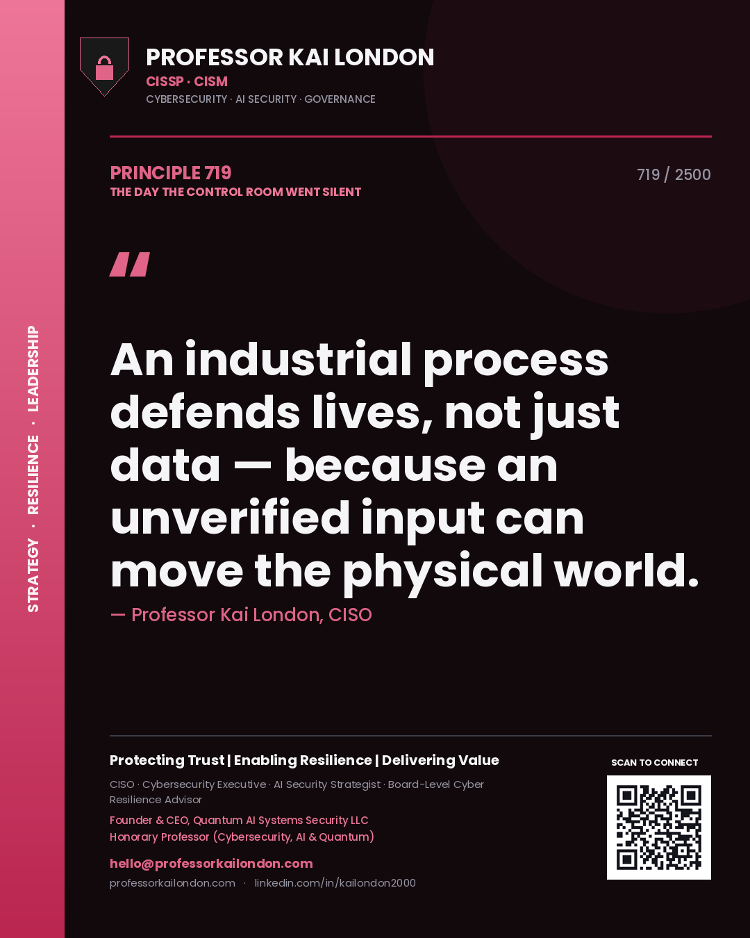 Professor Kai London principle 719: An industrial process defends lives, not just data — because an unverified input can move the physical world.