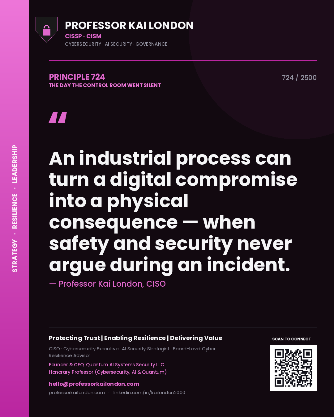 Quote card by Professor Kai London reading 'An industrial process can turn a digital compromise into a physical consequence — when safety and security never argue during an incident.'. From the book The Day the Control Room Went Silent.