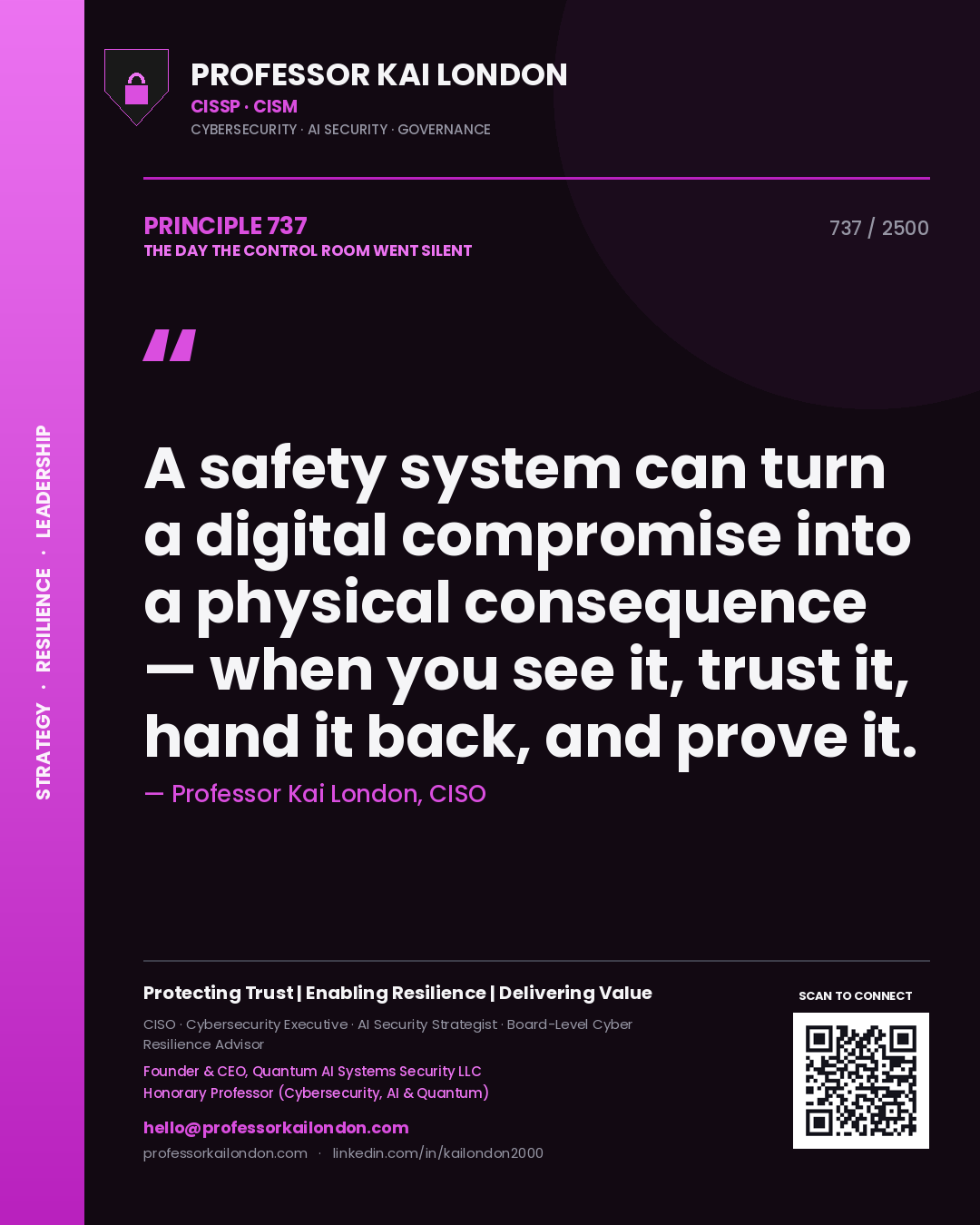 Professor Kai London principle 737: A safety system can turn a digital compromise into a physical consequence — when you see it, trust it, hand it back, and prove it.