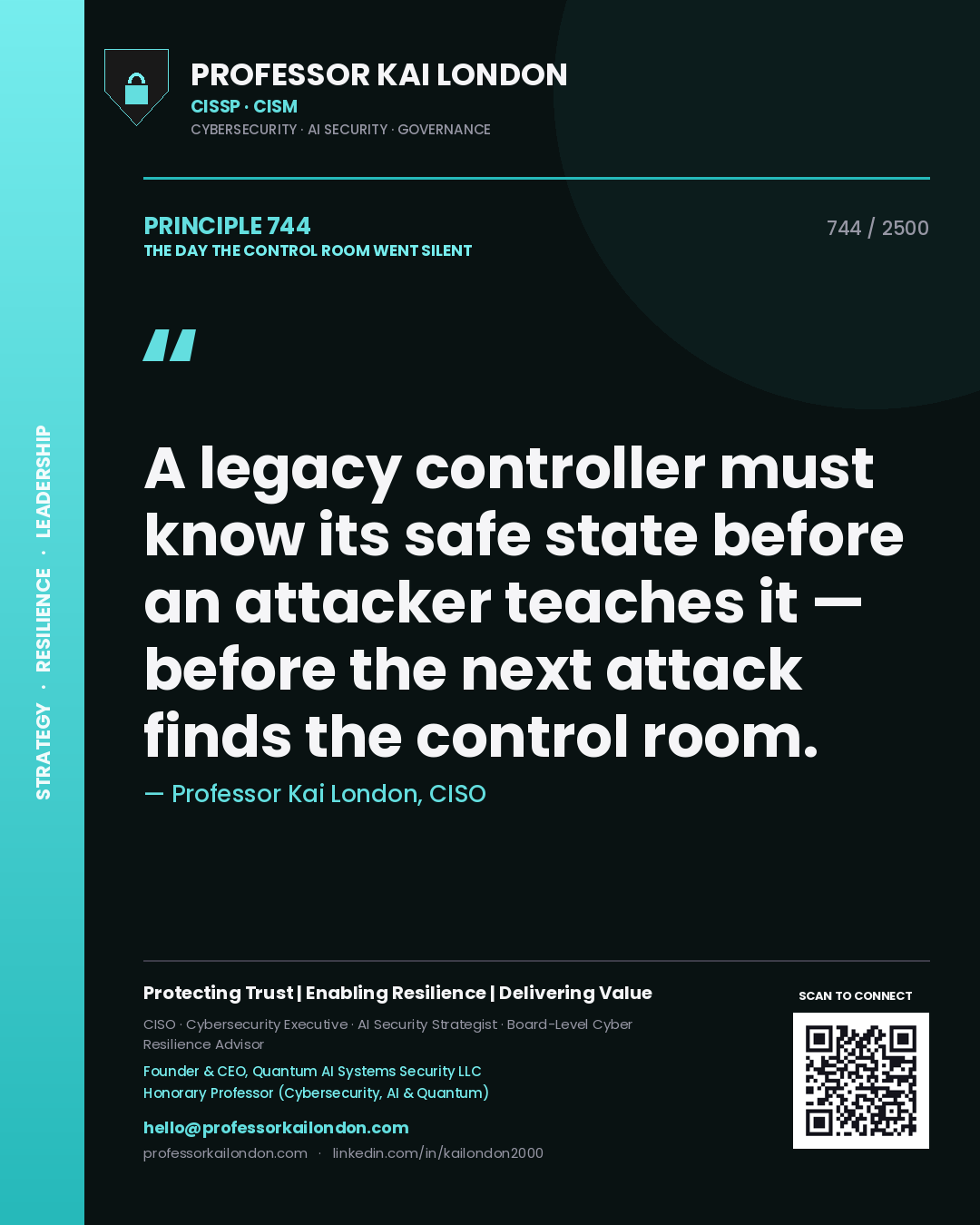 Quote card by Professor Kai London reading 'A legacy controller must know its safe state before an attacker teaches it — before the next attack finds the control room.'. From the book The Day the Control Room Went Silent.