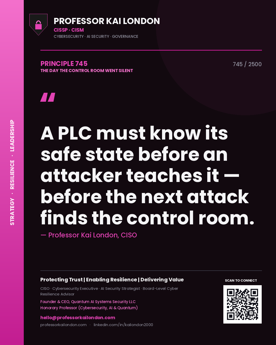 Quote card by Professor Kai London reading 'A PLC must know its safe state before an attacker teaches it — before the next attack finds the control room.'. From the book The Day the Control Room Went Silent.