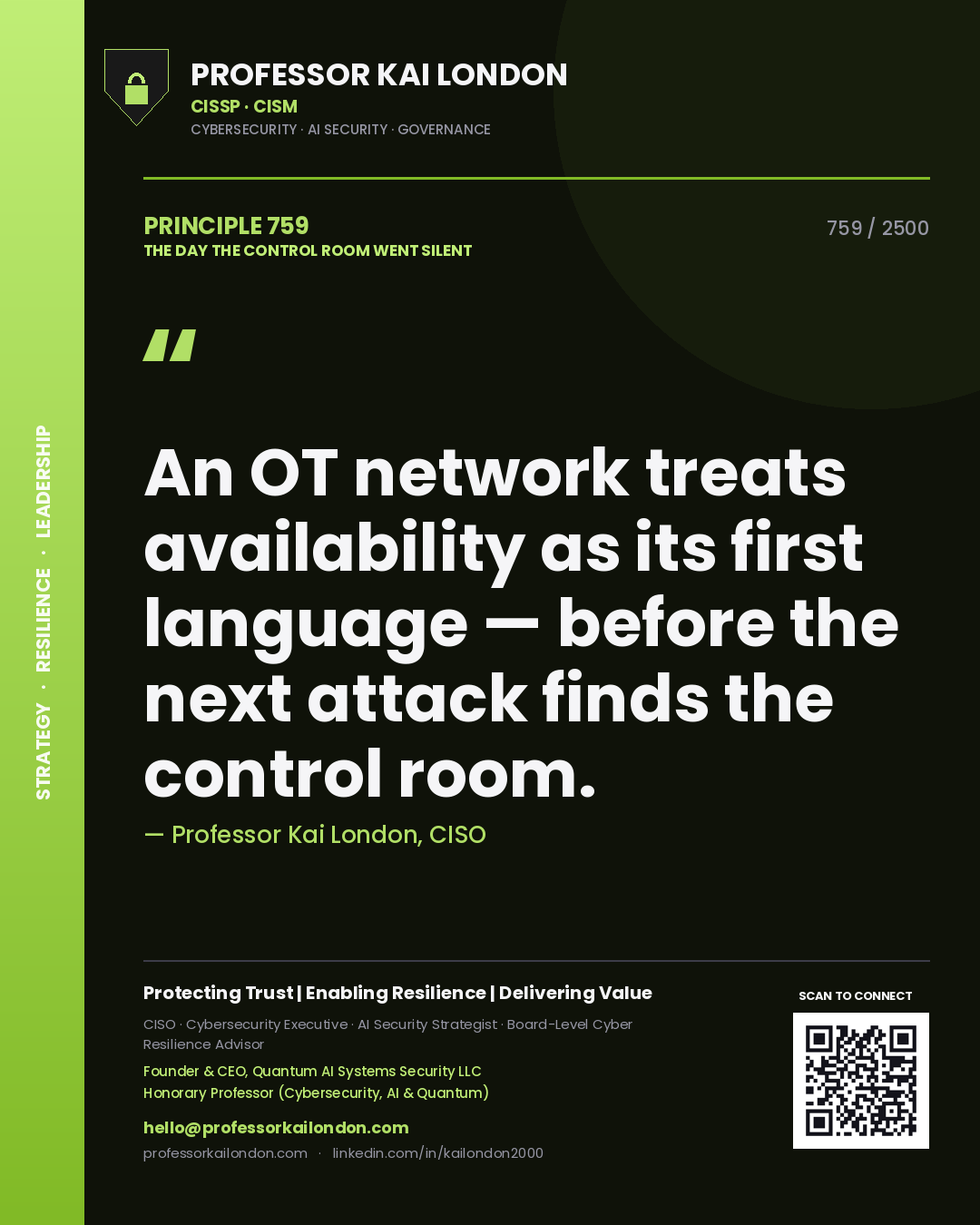 Quote card by Professor Kai London reading 'An OT network treats availability as its first language — before the next attack finds the control room.'. From the book The Day the Control Room Went Silent.