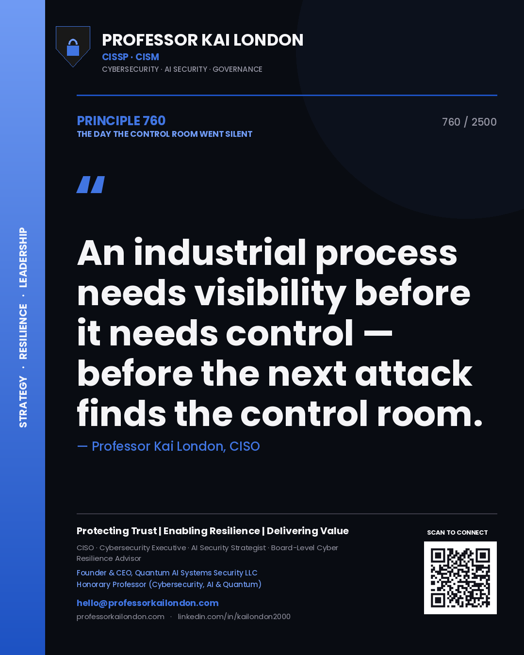 Professor Kai London principle 760: An industrial process needs visibility before it needs control — before the next attack finds the control room.