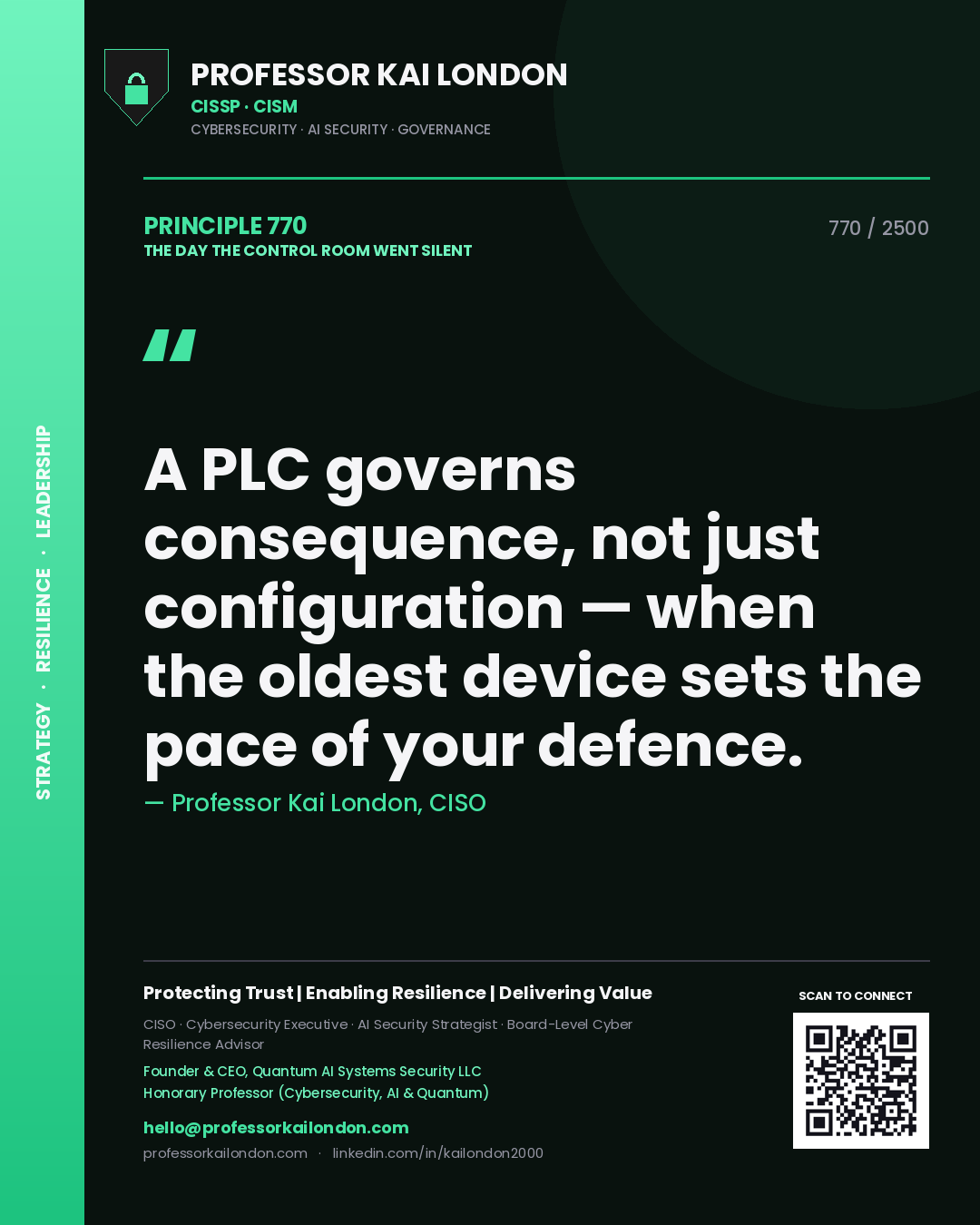 Quote card by Professor Kai London reading 'A PLC governs consequence, not just configuration — when the oldest device sets the pace of your defence.'. From the book The Day the Control Room Went Silent.