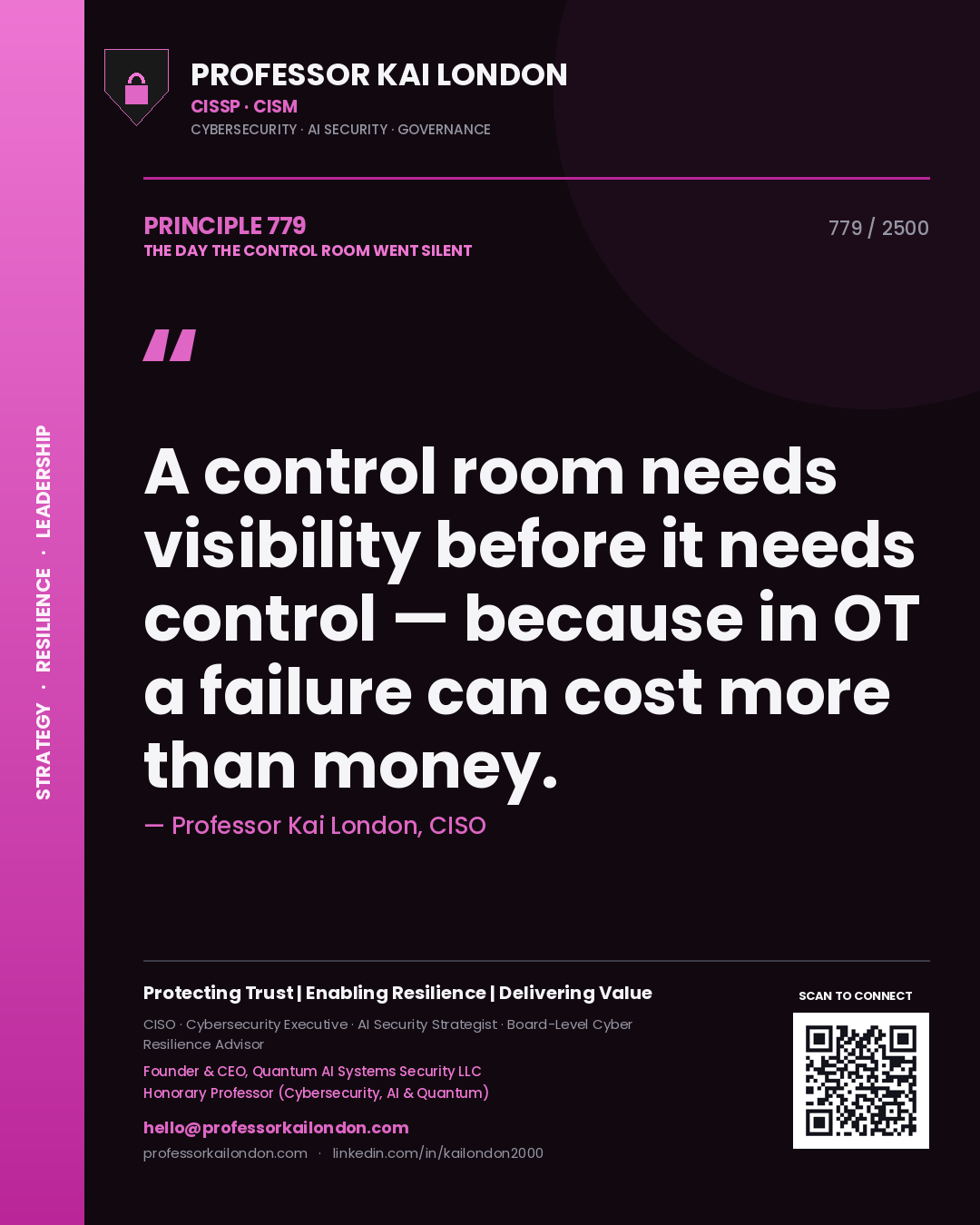 Professor Kai London principle 779: A control room needs visibility before it needs control — because in OT a failure can cost more than money.