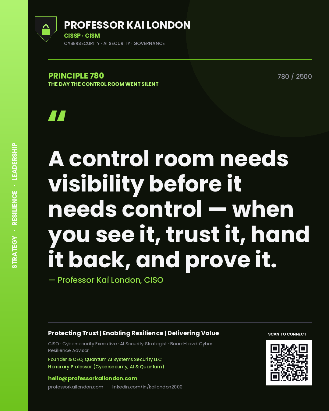Quote card by Professor Kai London reading 'A control room needs visibility before it needs control — when you see it, trust it, hand it back, and prove it.'. From the book The Day the Control Room Went Silent.