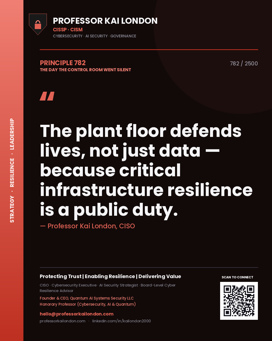 Professor Kai London principle 782: The plant floor defends lives, not just data — because critical infrastructure resilience is a public duty.