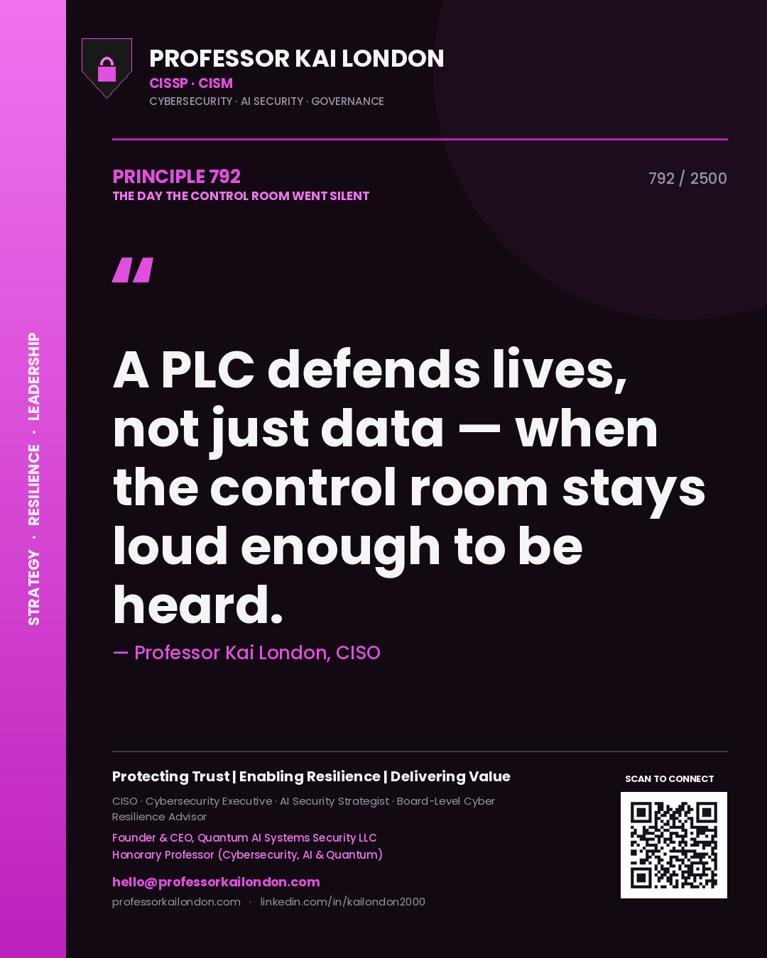 Professor Kai London principle 792: A PLC defends lives, not just data — when the control room stays loud enough to be heard.