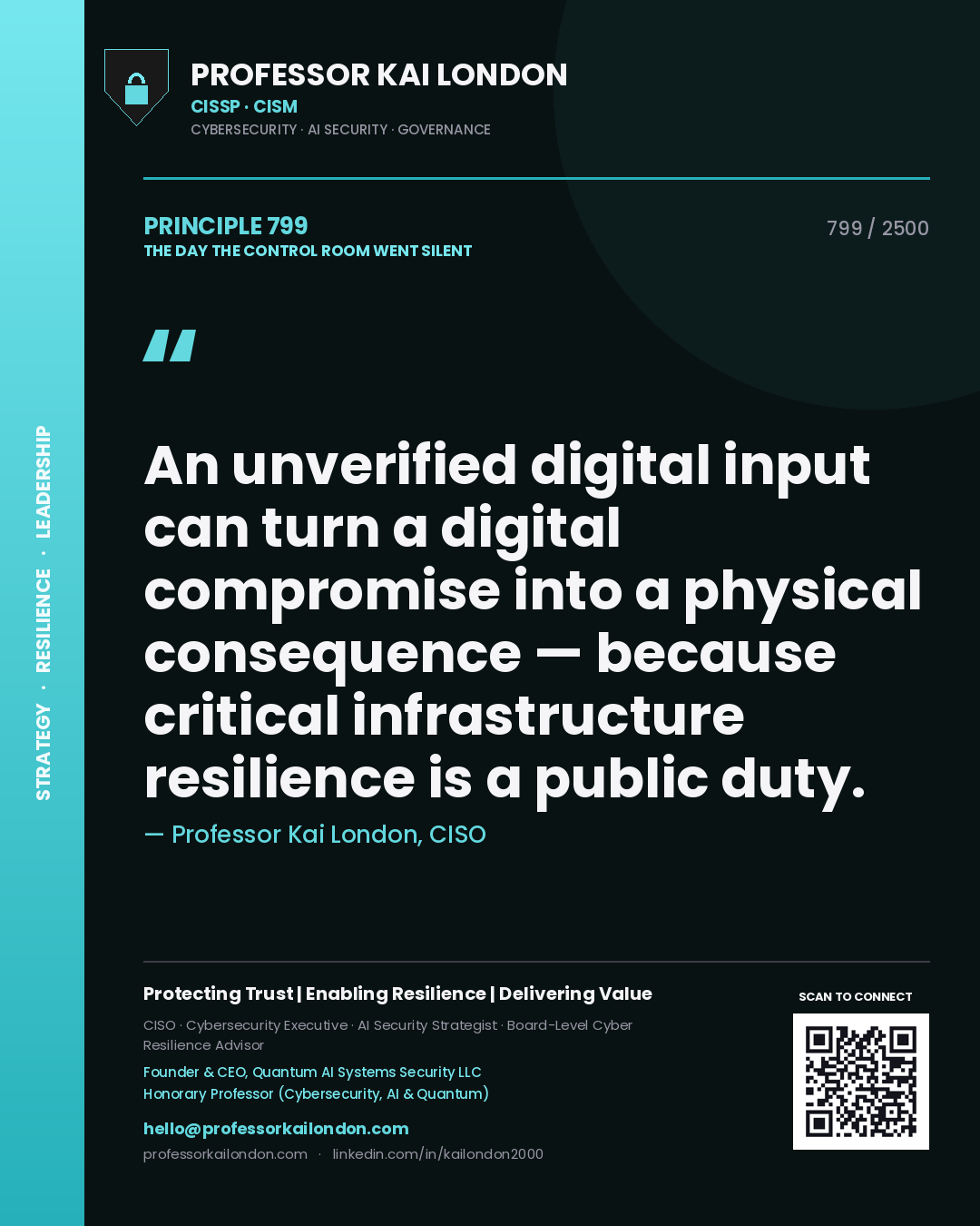 Professor Kai London principle 799: An unverified digital input can turn a digital compromise into a physical consequence — because critical infrastructure resilience is a public duty.