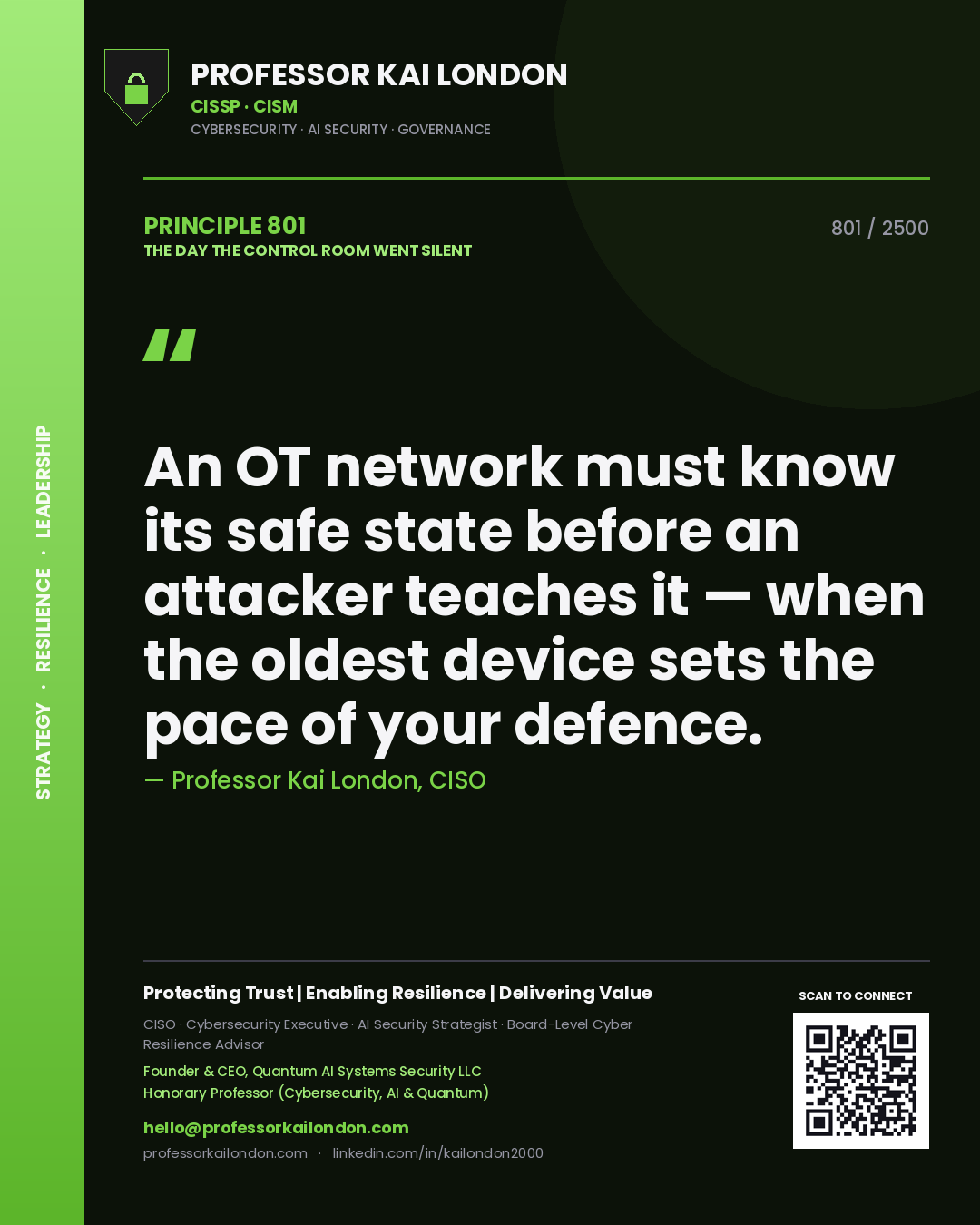 Professor Kai London principle 801: An OT network must know its safe state before an attacker teaches it — when the oldest device sets the pace of your defence.