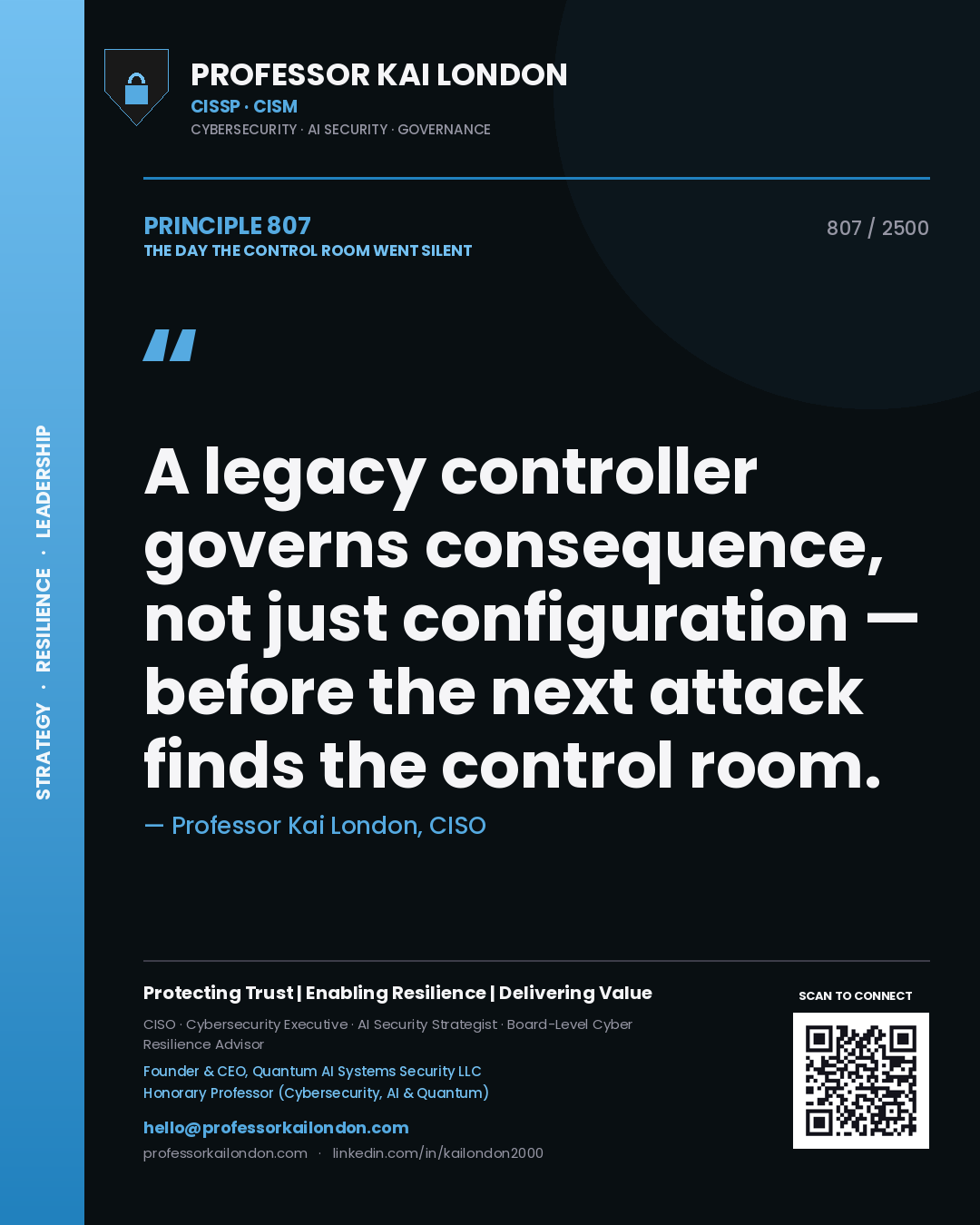 Quote card by Professor Kai London reading 'A legacy controller governs consequence, not just configuration — before the next attack finds the control room.'. From the book The Day the Control Room Went Silent.