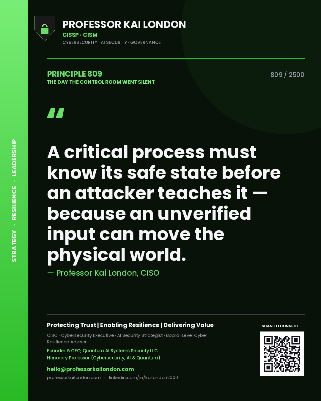 Professor Kai London principle 809: A critical process must know its safe state before an attacker teaches it — because an unverified input can move the physical world.