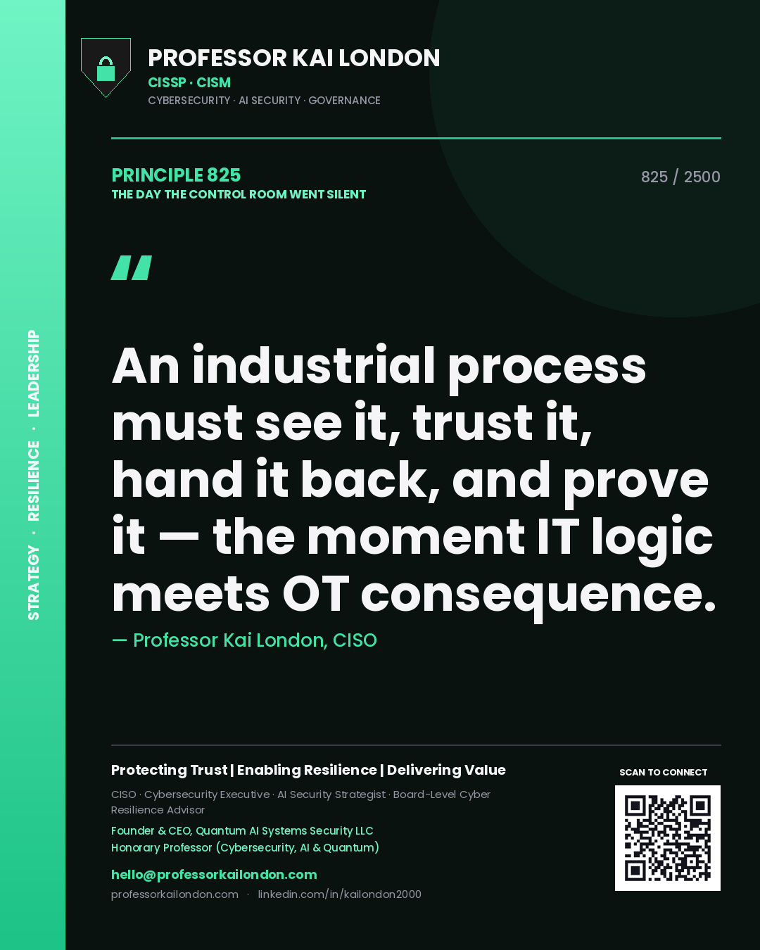 Professor Kai London principle 825: An industrial process must see it, trust it, hand it back, and prove it — the moment IT logic meets OT consequence.