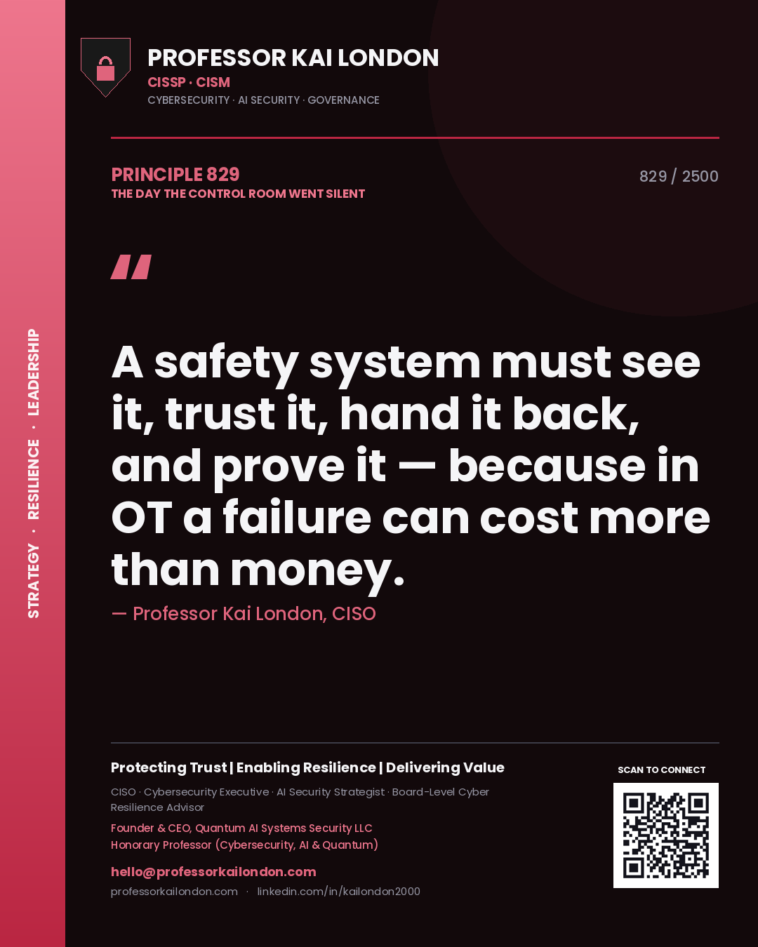 Professor Kai London principle 829: A safety system must see it, trust it, hand it back, and prove it — because in OT a failure can cost more than money.