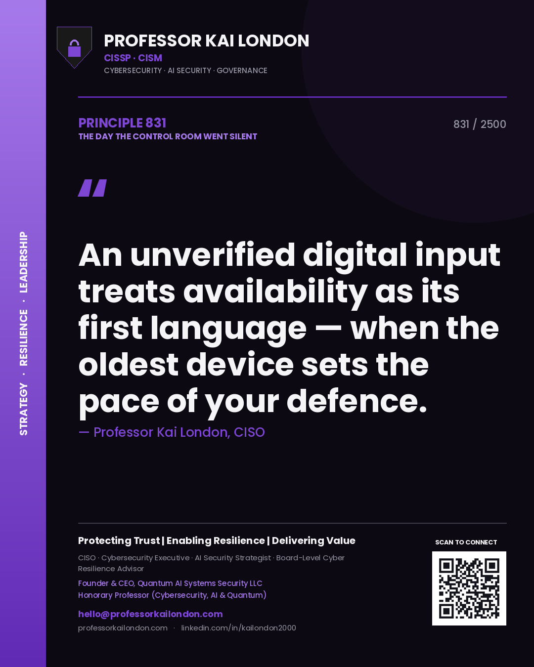 Professor Kai London principle 831: An unverified digital input treats availability as its first language — when the oldest device sets the pace of your defence.