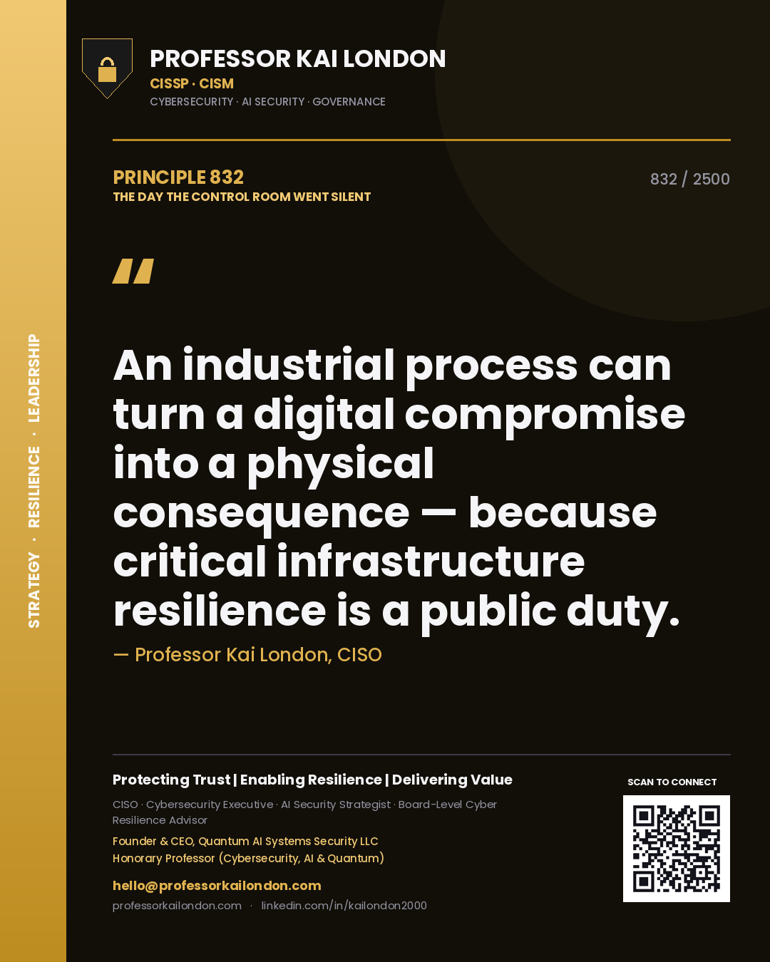 Quote card by Professor Kai London reading 'An industrial process can turn a digital compromise into a physical consequence — because critical infrastructure resilience is a public duty.'. From the book The Day the Control Room Went Silent.