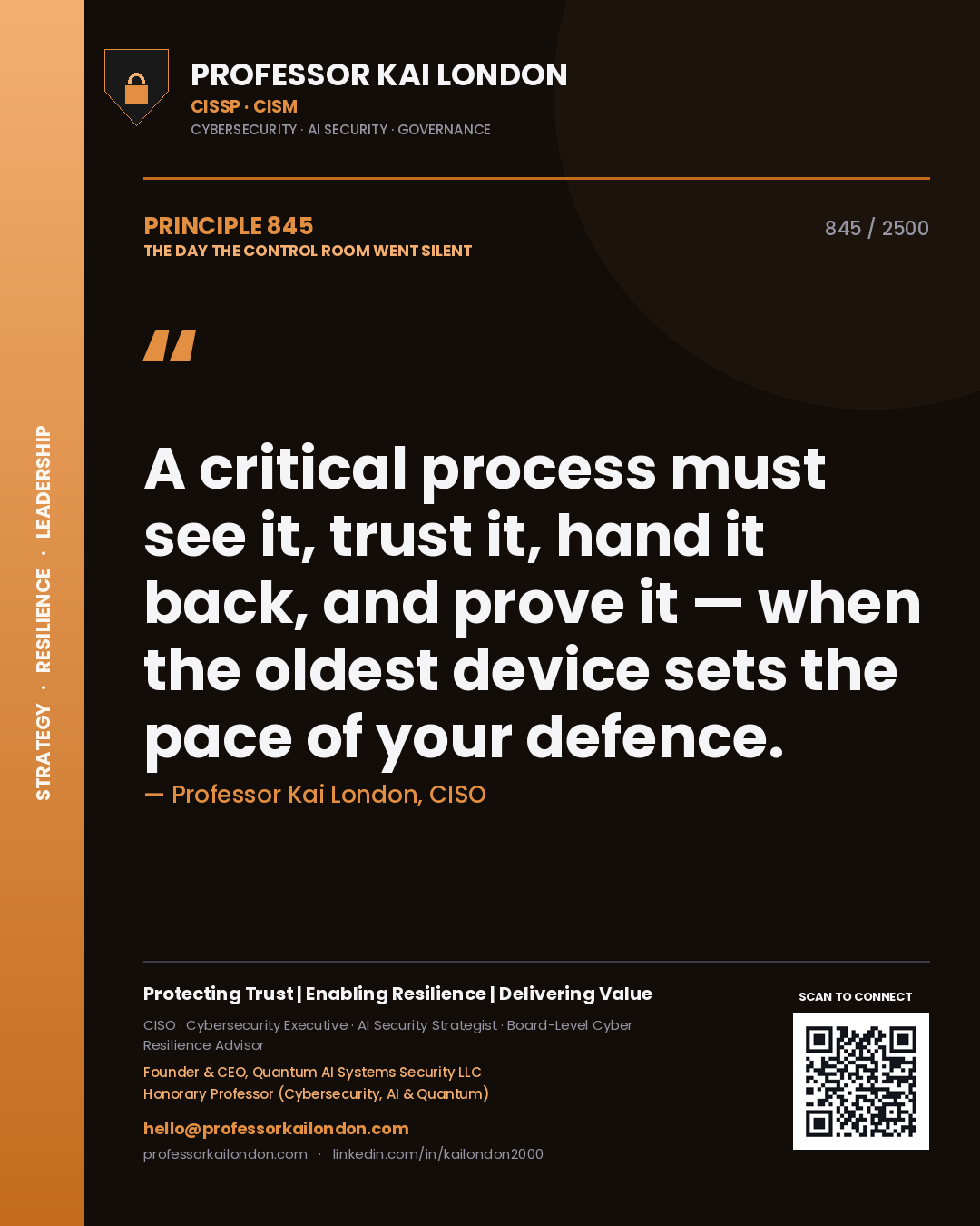 Professor Kai London principle 845: A critical process must see it, trust it, hand it back, and prove it — when the oldest device sets the pace of your defence.