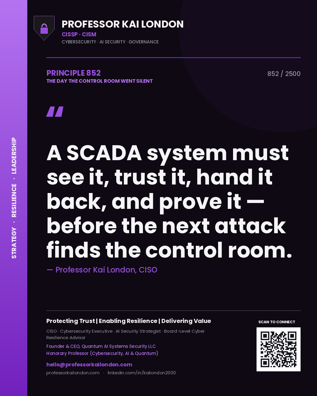 Quote card by Professor Kai London reading 'A SCADA system must see it, trust it, hand it back, and prove it — before the next attack finds the control room.'. From the book The Day the Control Room Went Silent.