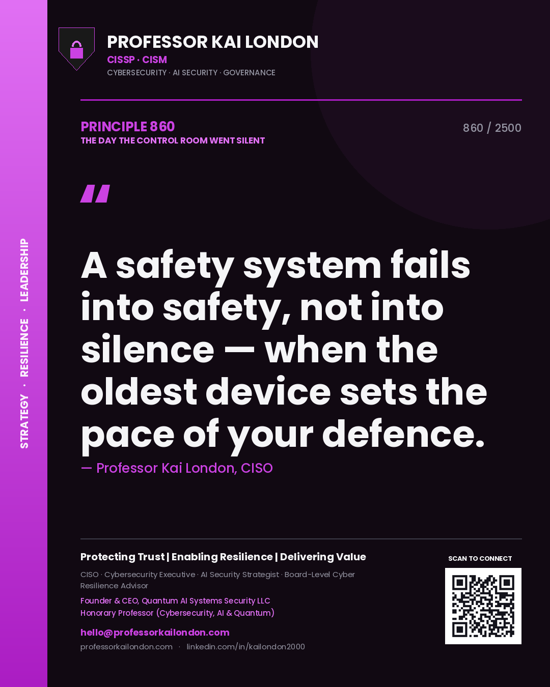 Quote card by Professor Kai London reading 'A safety system fails into safety, not into silence — when the oldest device sets the pace of your defence.'. From the book The Day the Control Room Went Silent.