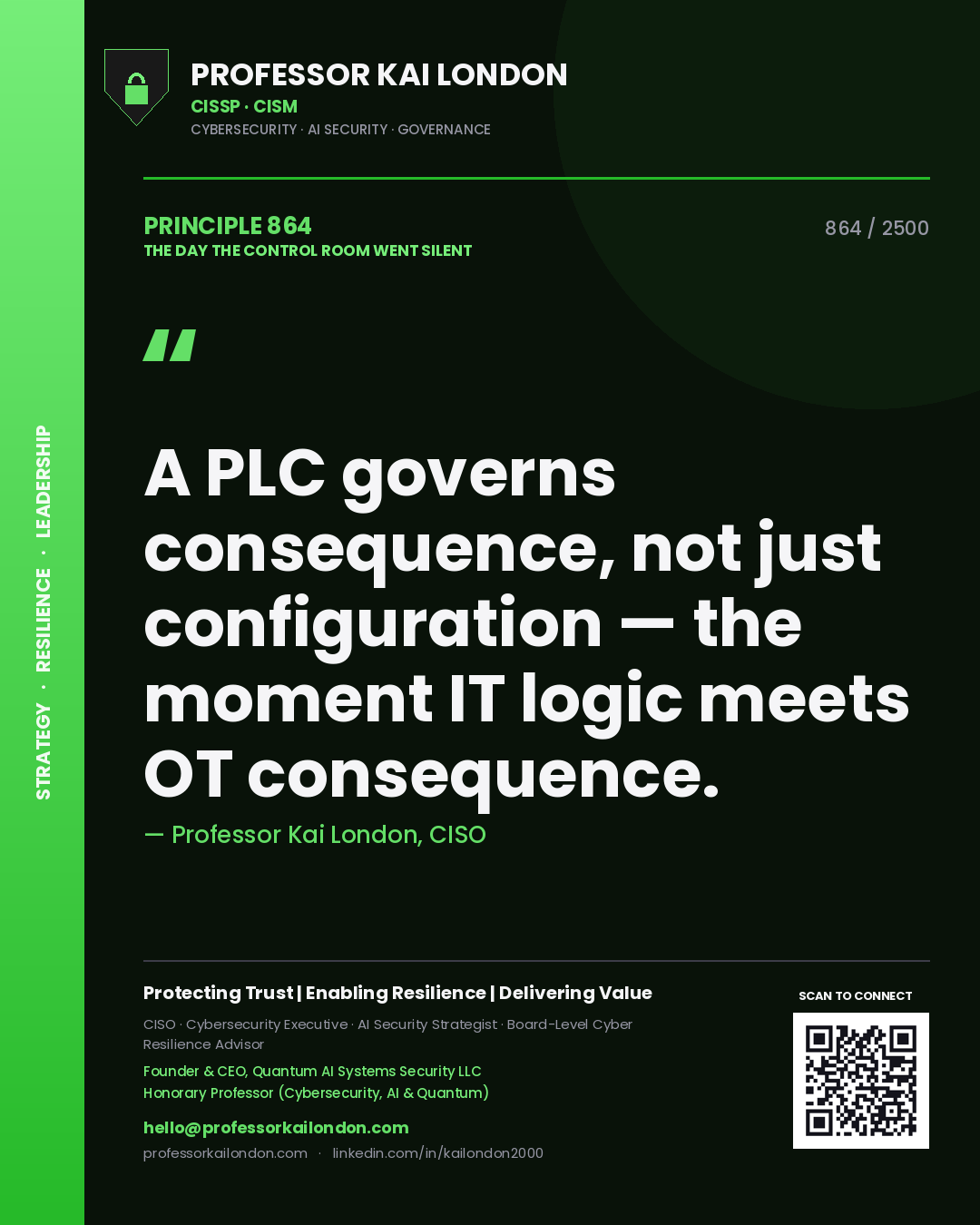 Professor Kai London principle 864: A PLC governs consequence, not just configuration — the moment IT logic meets OT consequence.