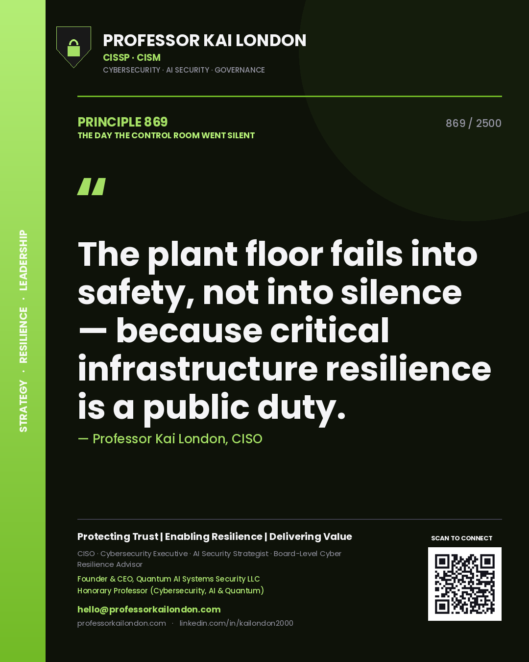 Quote card by Professor Kai London reading 'The plant floor fails into safety, not into silence — because critical infrastructure resilience is a public duty.'. From the book The Day the Control Room Went Silent.