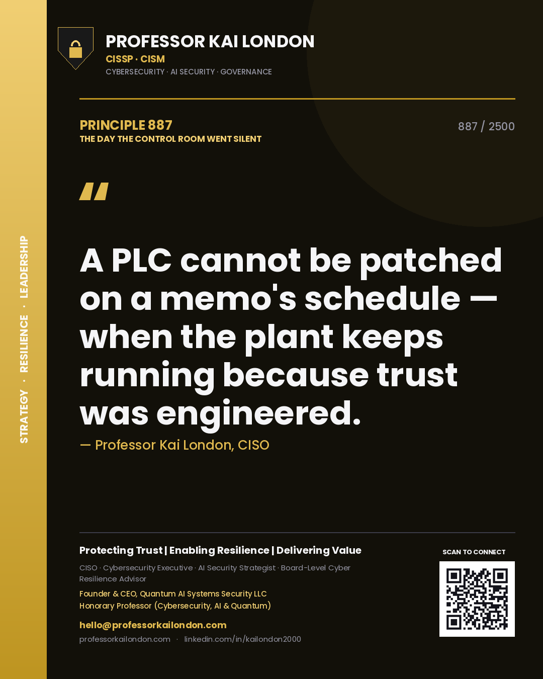 Quote card by Professor Kai London reading 'A PLC cannot be patched on a memo's schedule — when the plant keeps running because trust was engineered.'. From the book The Day the Control Room Went Silent.