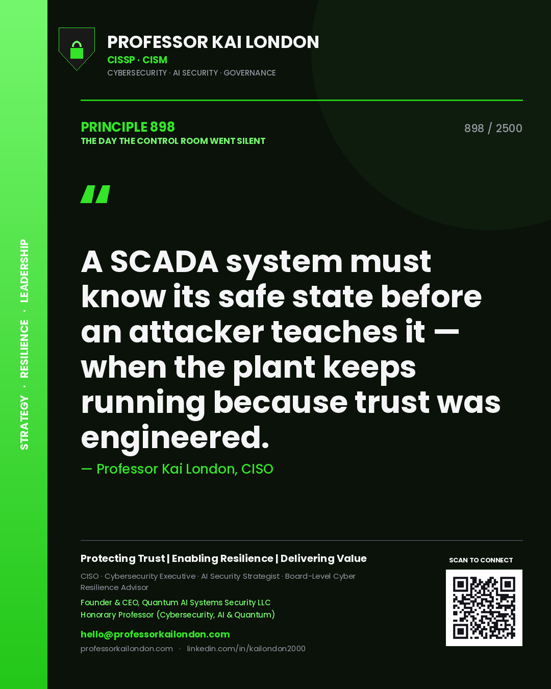 Quote card by Professor Kai London reading 'A SCADA system must know its safe state before an attacker teaches it — when the plant keeps running because trust was engineered.'. From the book The Day the Control Room Went Silent.